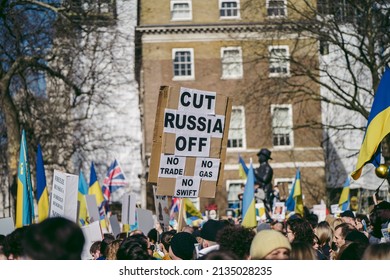 Downing Street, London | UK -  2022.02.26: Ukrainian People Protest, Thousands Gather To Demand Tougher Sanctions On Russia From British Government, EU And USA To Stop The War In Ukraine