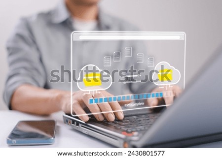 Download data exchange. Transfer business folder data system relocation, internet cloud technology concept. Man use computer laptop waiting transfer file migration process, loading bar icon on screen