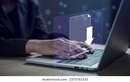 Download document  file by computer laptop concept. Businessman downloading computer files storage or installing software, waiting for transfer file process with loading.