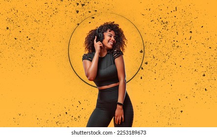 Download high resolution photo for advertising and promotion of electronics shop or fitness club in social networks. African american woman isolated on yellow background.