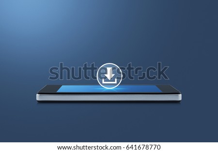 Download icon on modern smart phone screen over gradient blue background, Business internet concept
