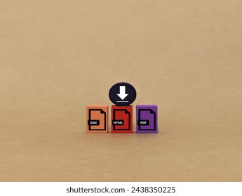 Download icon, PDF file format, DOC and HTML icon on colored wooden block. document management system  