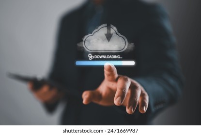Download processing data concept. Person use smartphone with virtual screen of downloading bar for download files. Downloading data from cloud storage.