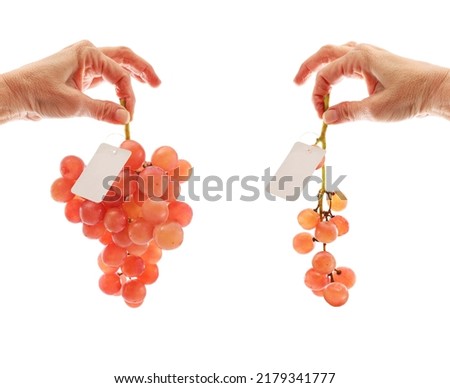 Downsized bunches of grapes for sale comparison with blank price tags. Inflation concept