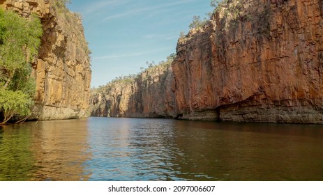 downstream view of the second gorge cliffs of nitmiluk gorge, also known as katherine gorge at nitmiluk national park in the northern territory