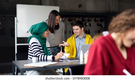 Down-syndrome Man Attending Education Class In Community Center, Inclusivity Of Disabled Person.