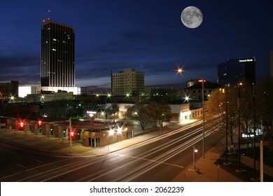 Downtown Amarillo, TX Taken At Dusk With Full Moon