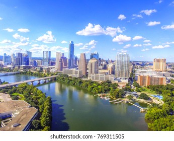 Downtown Austin Texas Cityscape Skyline Aerial View With Congress Bridge On Ladybird Lake Tourism Buildings Landmark