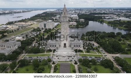 Downtown Baton Rouge Louisiana State Capital Building Overcast Raw Drone Photograph