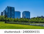 DOWNTOWN BELLEVUE CITY HALL PARK WITH DOWNTOWN BUILDINGS AT THE SOUTHERN END OF THE PARK WITH THE PARKS POND AND A CLEAR BLUE SKY