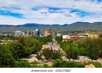 Downtown Boise, Idaho, With Capitol Blvd Leading To The Idaho State Capitol Building In Summer.