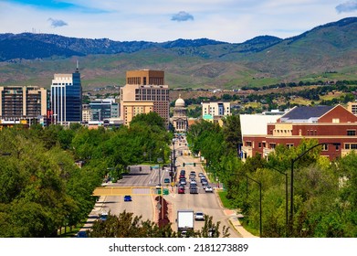 Downtown Boise, Idaho, With Capitol Blvd Leading To The Idaho State Capitol Building In Summer.