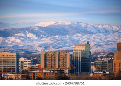 Downtown Boise Idaho in front of the foothills and Bogus Basin ski resort in March of 2024 - Powered by Shutterstock