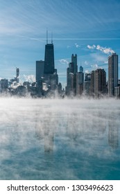 Downtown Chicago During Winter Polar Vortex. Steaming Lake Michigan