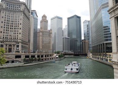 Downtown Chicago River From The Michigan Avenue (DuSable) Bridge, A Bascule Bridge Along The Chicago's Magnificent Mile