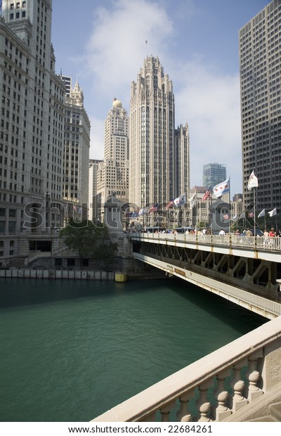 Downtown Chicago with Tribune Tower (housing\
Chicago Tribune) in the\
background