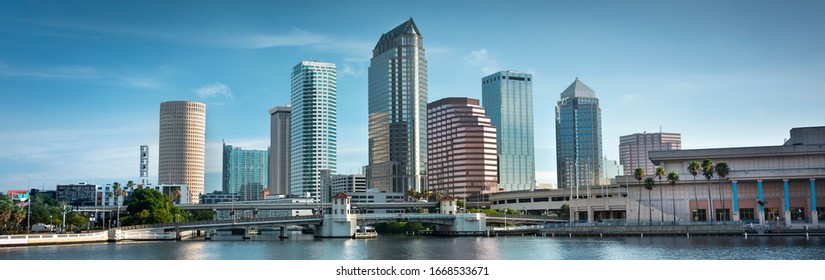 Downtown city panoramic skyline view of Tampa Florida USA looking over the Hillsborough Bay and the Riverwalk