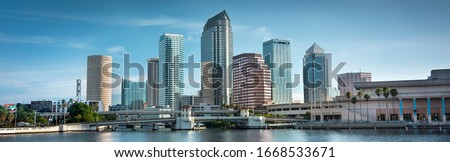Downtown city panoramic skyline view of Tampa Florida USA looking over the Hillsborough Bay and the Riverwalk