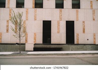 Downtown City Sidewalk Walkway Concrete Marble Granite Texture Tree Growing Black Windows Abstract Industrial Urban Gold Minimalist Straight Lines Symmetry Office Skyscraper Winnipeg Manitoba Canada