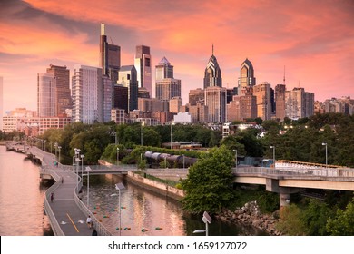 Downtown city skyline view of Philadelphia Pennsylvania USA over the Schuylkill River and boardwalk