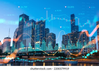 Downtown city view of Chicago, skyline panorama over Lake Michigan, harbor area, sunset, Illinois, USA. Forex graph hologram. The concept of internet trading, brokerage and fundamental analysis - Shutterstock ID 2200379919