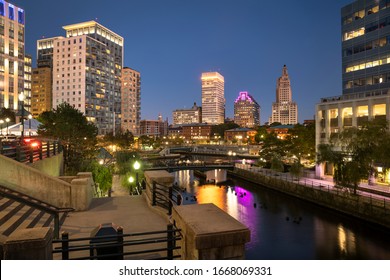 Downtown City View Over The Woonasquatucket River Canal In Providence Rhode Island USA