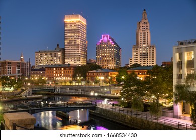 Downtown City View Over The Woonasquatucket River Canal In Providence Rhode Island USA