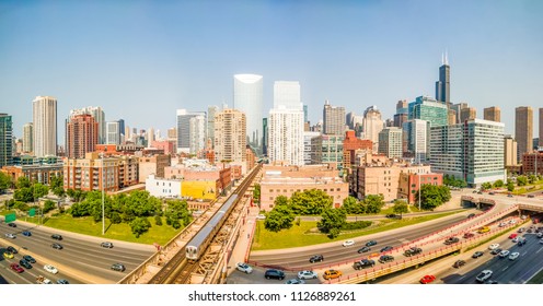 Downtown Cityscape With Elevated Train And Traffic. Panorama. West Loop, Chicago, USA. Interstate 90 At Lake Street. 