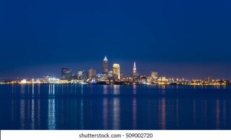 Downtown Cleveland In Blue Night.