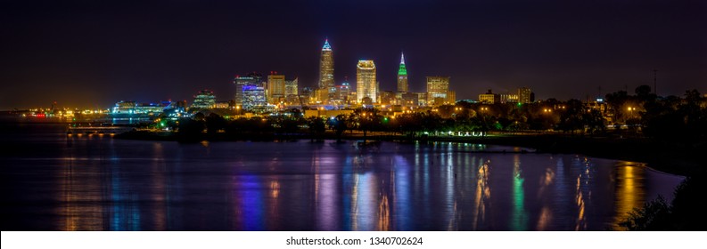 Downtown Cleveland, Ohio At Night Seen From EdgeWater Park