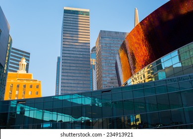 Downtown Dallas Church And Office Buildings With A Clear Blue Sky