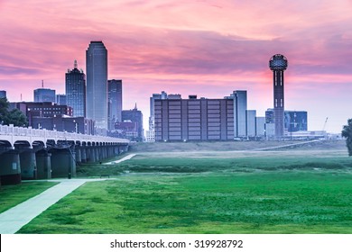 Downtown Dallas, Texas Skyline At The Blue Hour Including Famous Towers, The Commerce Street Bridge, And Trinity Park