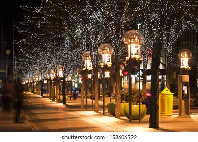 Downtown Denver at Christmas. 16th Street Mall lit up for the holidays.
