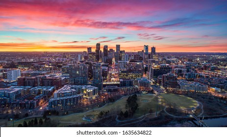 Downtown Denver, Colorado, USA Drone Skyline Aerial Panorama.