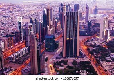 Downtown Of Dubai (United Arab Emirates) In The Sunrise. Beautiful Symbol Of Success, Progress And Modernism.