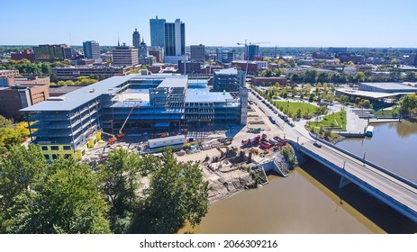 Downtown Fort Wayne, Indiana Skyline With Construction Site And Promenade Park