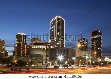 Downtown of Fort Worth illuminated at night. Texas, United States of America