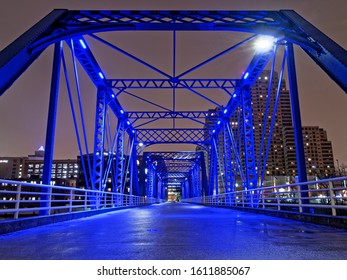 Downtown Grand Rapids at night, blue bridge fog, over the grand river