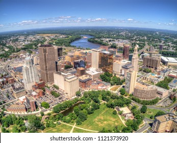 Downtown Hartford, Connecticut Skyline seen in Summer by Drone