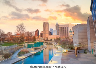Downtown Indianapolis skyline at twilight