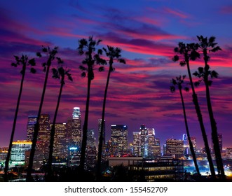 Downtown LA night Los Angeles sunset colorful skyline California [photo illustration] - Shutterstock ID 155452709