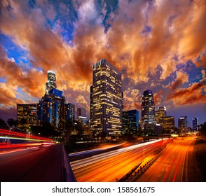 Downtown LA Night Los Angeles Sunset Skyline California From 110 Freeway  [ Photo-illustration]