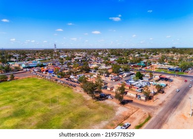 Downtown Of Lightning Ridge Opal Mining Town In Rural Regional Outback Of NSW, Australia - Aerial Townscape View.