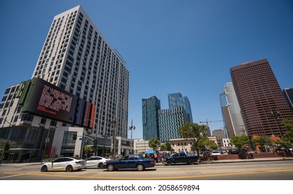 Downtown Los Angeles Ca., August Of 2021 Featuring Buildings Around LA Live And The Staples Center.