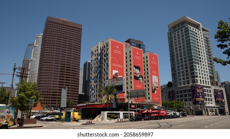 Downtown Los Angeles Ca., August Of 2021 Featuring Buildings Around LA Live And The Staples Center.