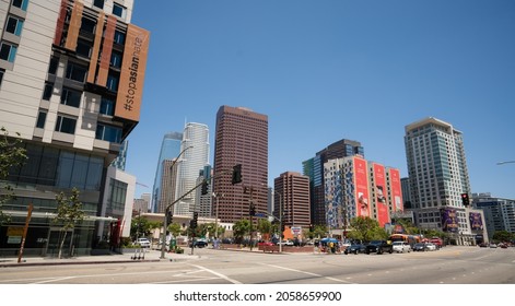 Downtown Los Angeles Ca., August Of 2021 Featuring Buildings Around LA Live And The Staples Center.