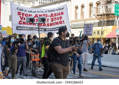 Downtown Los Angeles, California, USA - March 27, 2021 - Protestors March Down 1st Street Near City Hall In A National Day Of Action Demanding An End To Racism Against Asian-Americans