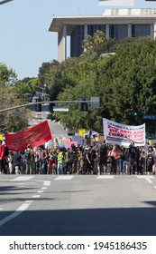 Downtown Los Angeles, California, USA - March 27, 2021 - Protestors March Down 1st Street Near City Hall In A National Day Of Action Demanding An End To Racism Against Asian-Americans