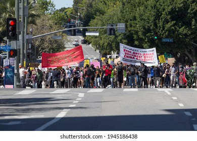 Downtown Los Angeles, California, USA - March 27, 2021 - Protestors March Down 1st Street Near City Hall In A National Day Of Action Demanding An End To Racism Against Asian-Americans