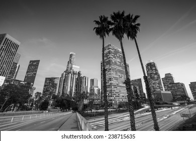 Downtown Los Angeles Skyline During Rush Hour At Sunset, Black And White 